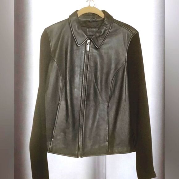 JACLYN SMITH CLASSIC Black LEATHER/Ribbed Sweater/JACKET Zip-up Long sleeve   M - Picture 14 of 15